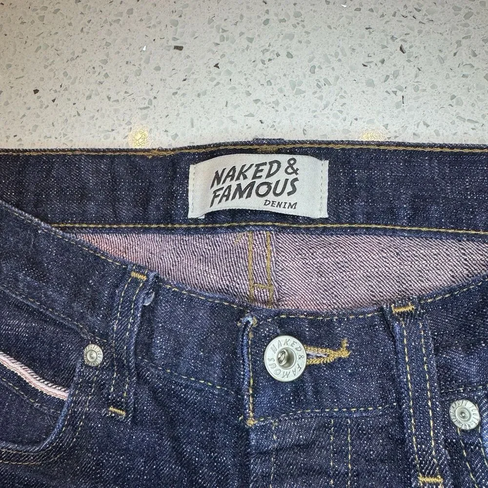 Naked and Famous Jeans Mens 30 Indigo Selvedge denim Super Skinny Guy button fly